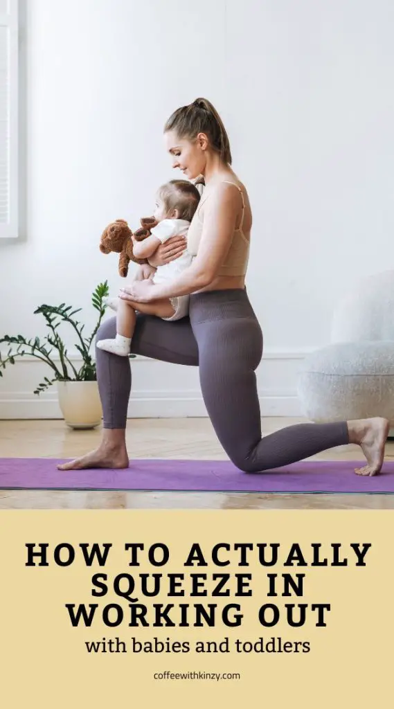 mom lunging with baby and stuffed animals: working out with toddlers and babies