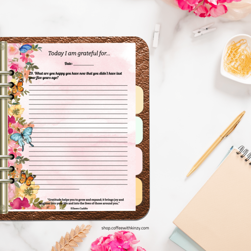 printable gratitude journal PDF: watercolor floral and butterfly design