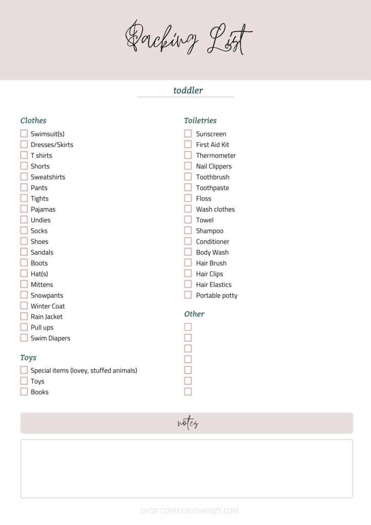 Printable Packing List: Toddler Edition