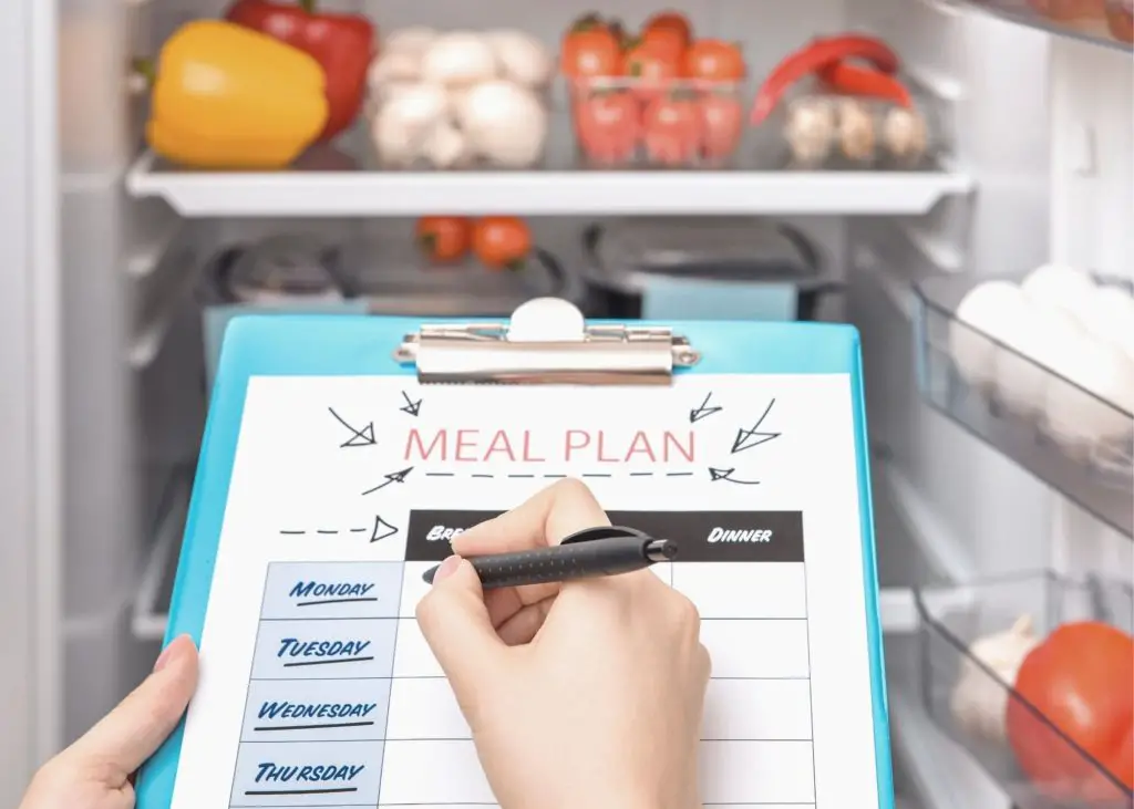meal plan in front of fridge