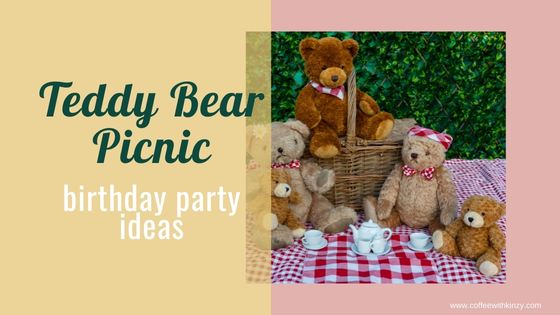 Teddy Bear Picnic Birthday Party Ideas Feature Image, teddy bears on picnic blanket with tea set