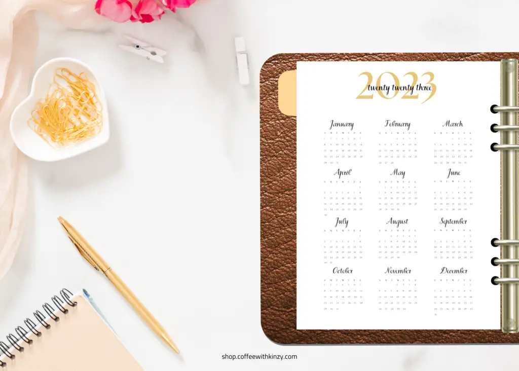 2023 One Page Calendar: preview printed in a planner