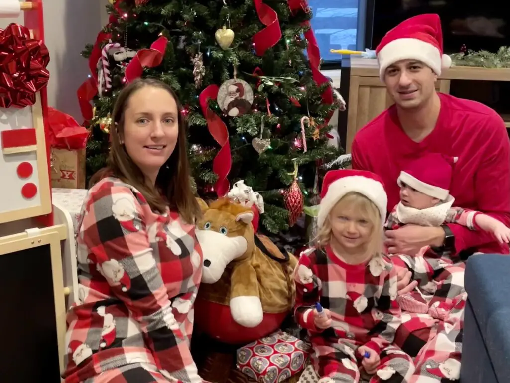 Matching Christmas Pajamas: Our family around the tree at Christmas (Mom/Dad/Toddler Girl/Baby Boy)