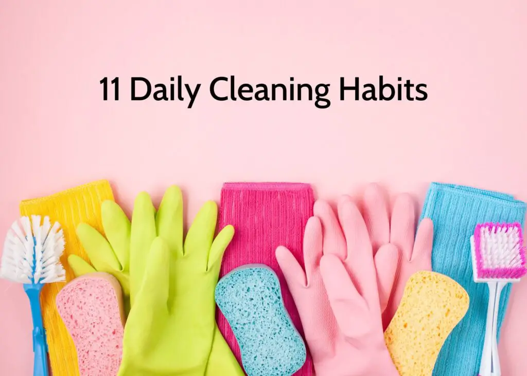 11 Daily Cleaning Habits: assortment of colorful cleaning supplies and gloves on pink background