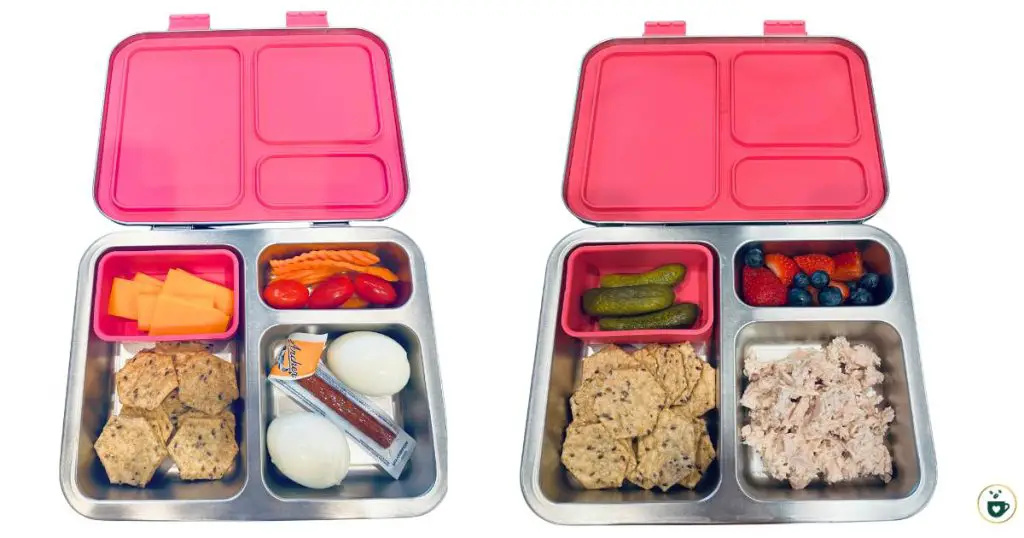 2 lunchboxes for kids. A protein box with hard boiled eggs, grass fed beef stick, cheese & crackers. A second with tuna salad and crackers.