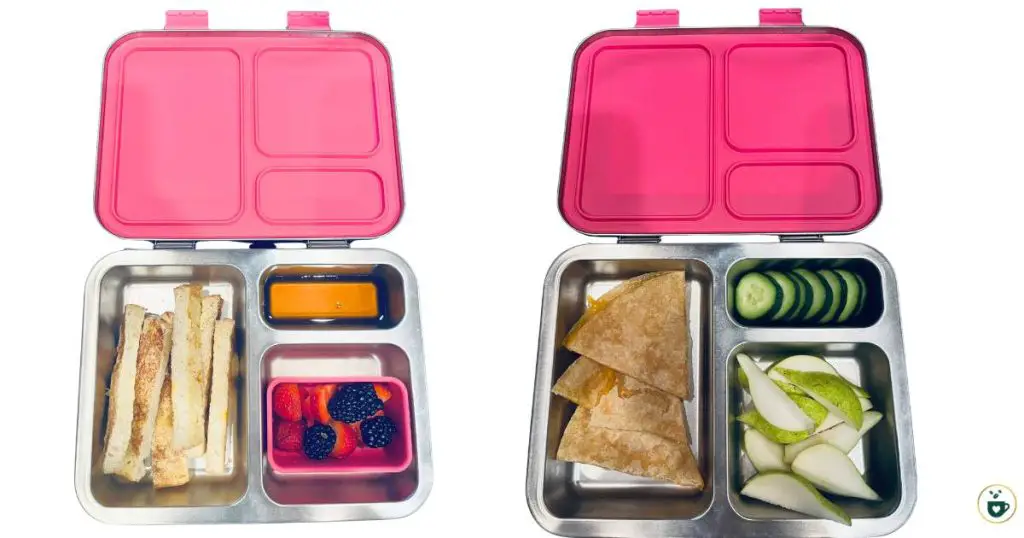 Bento lunchboxes for kids: brunch for lunch (pancakes) and a quesadilla with sides.